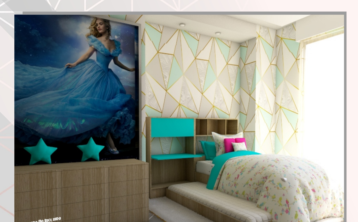 Dormitorio juvenil con mural Cenicienta y mobiliario turquesa