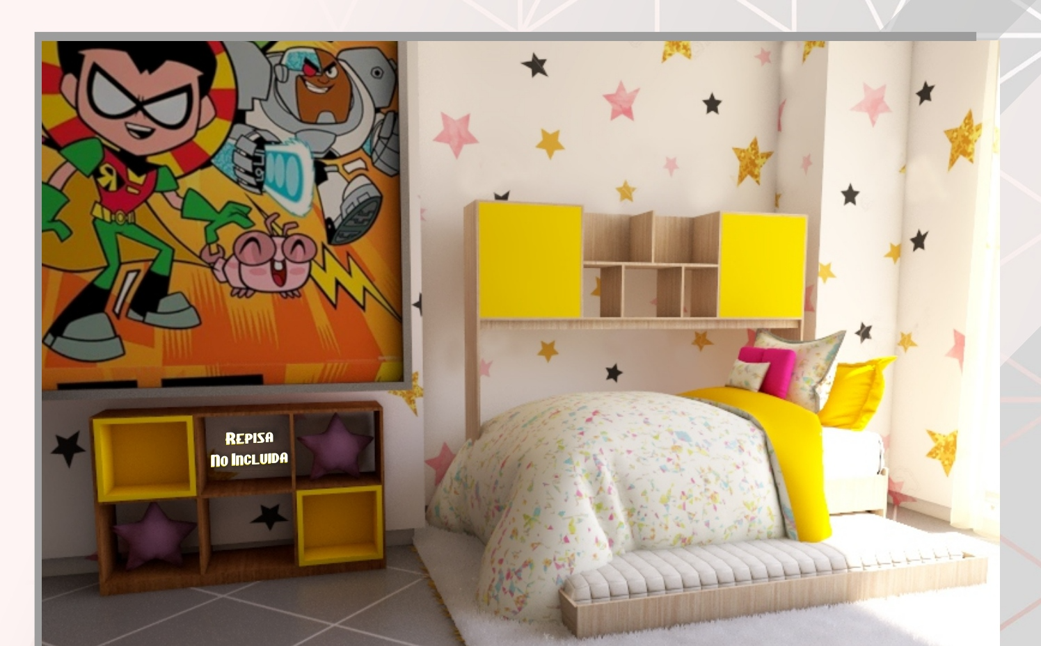 Dormitorio infantil con muebles amarillos y mural Teen Titans