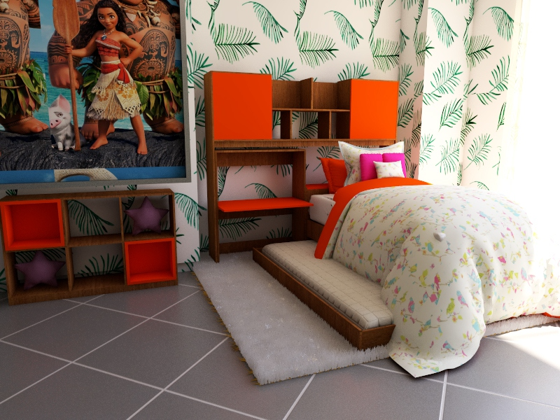 Dormitorio temático Moana con escritorio integrado en naranja