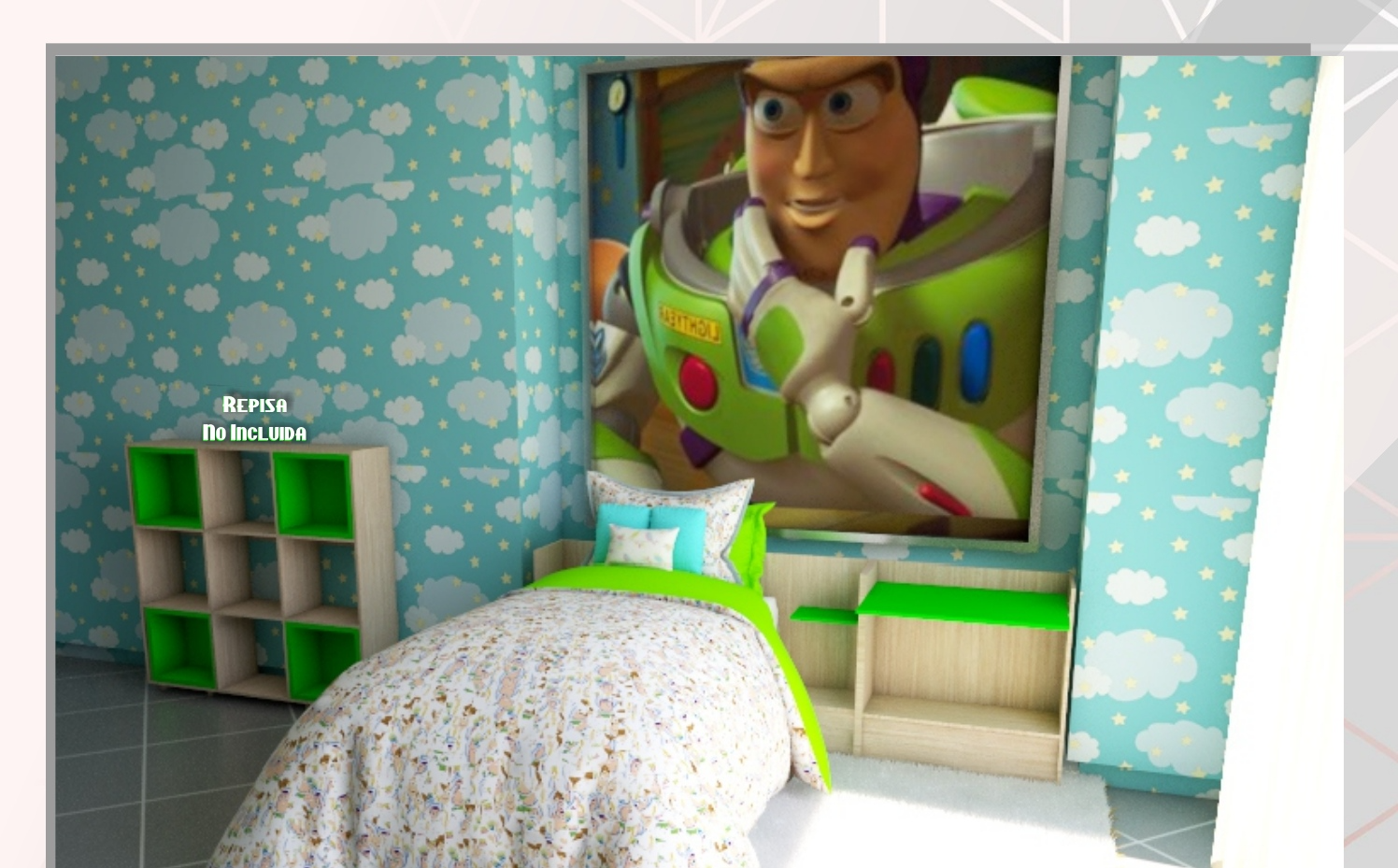 Dormitorio temático Toy Story con repisas verdes y mural Buzz Lightyear