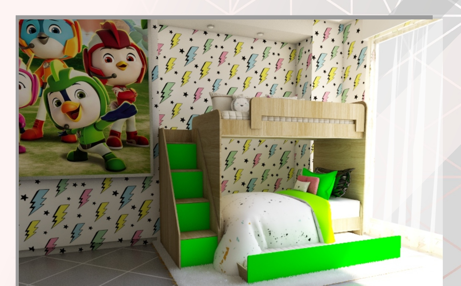 Dormitorio infantil con litera y escalera verde y mural Top Wing