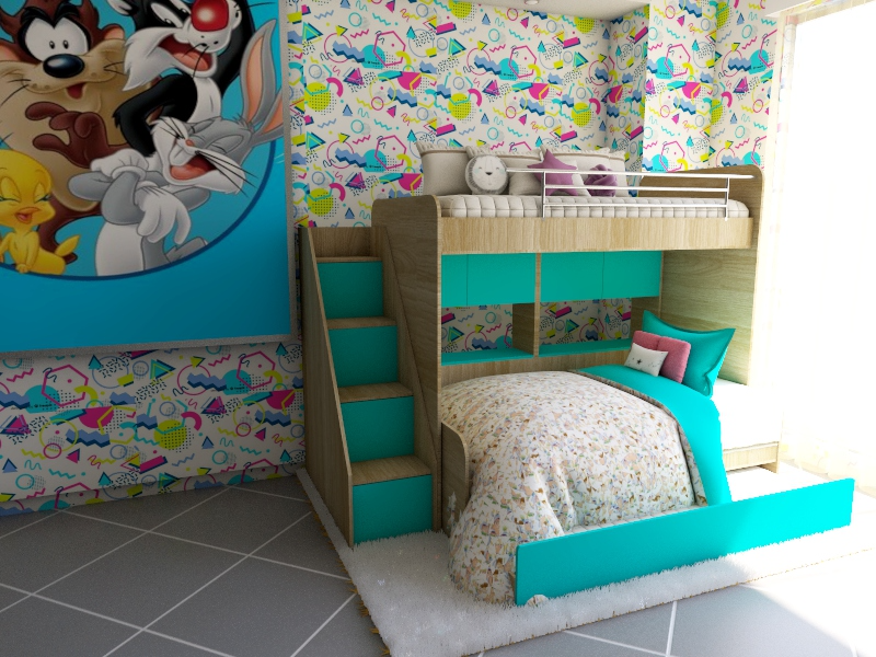 Dormitorio infantil con litera turquesa y mural Looney Tunes